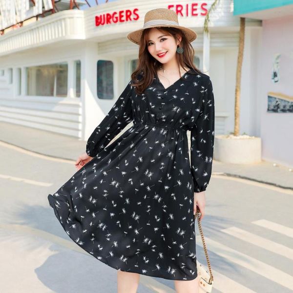 

casual dresses women's summer printed v-neck bubble sleeve commuter dress plus a with calf length of 100 kg can be worn, Black;gray