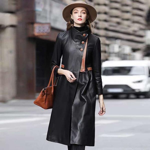 

women's leather & faux high end 2021 spring sheepskin coat half sleeves black real long windbreaker classic loose office jacket