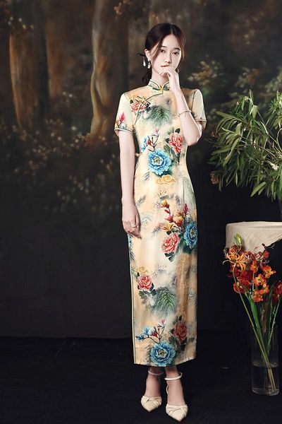 

ethnic clothing fzslcyiyi chinese traditional tight bodycon dress elegant short sleeve women cheongsam satin mandarin collar qipao oversize, Red