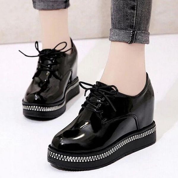 

dress shoes 2021 brand spring casual solid women patent leather lace-up loafers platforms sneakers british style ladies oxfords, Black
