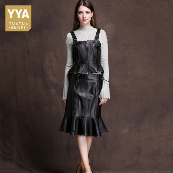 

women's vests fashion women sheepskin genuine leather vest straps ruffles casual ladies slim outwear waistcoat sleeveless outfits, Black;white