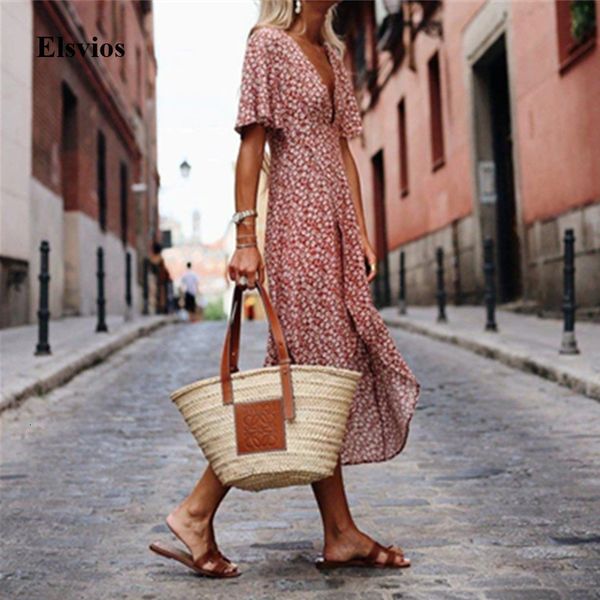 

casual dresses women vintage floral print split party summer short sleeve boho long spring v neck loose beach lr7a, Black;gray