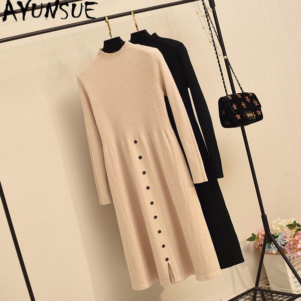 

knitted sweater dress long autumn winter korean elegant ladies dresses sleeve vestidos elegantes 2021 kj3915 casual, Black;gray