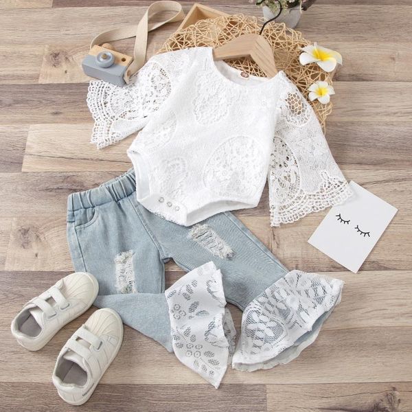 

clothing sets kids baby girls ripped jeans suit solid color crew neck short sleeve mesh bodysuit flare long pants 2pcs, White