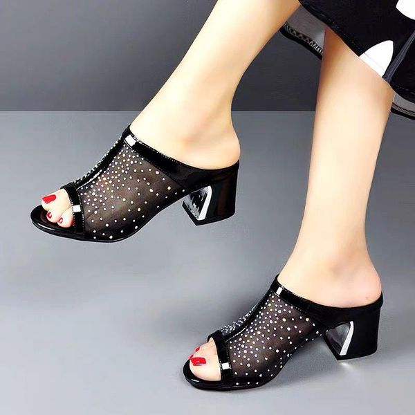 

slippers women's breathable mesh square heel open-toed shallow rhinestone sandals elegant casual comfortable, Black