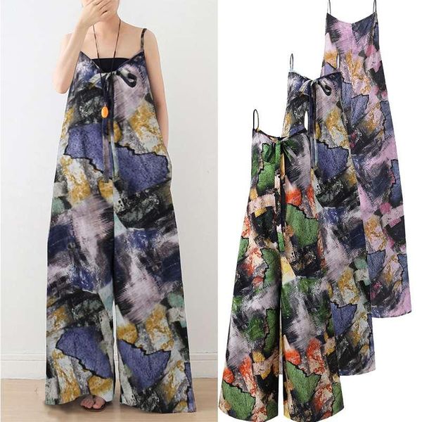 

women's jumpsuits & rompers 2021 zanzea summer bohemian printed female plus size wide leg pants overalls loose long playsuits, Black;white