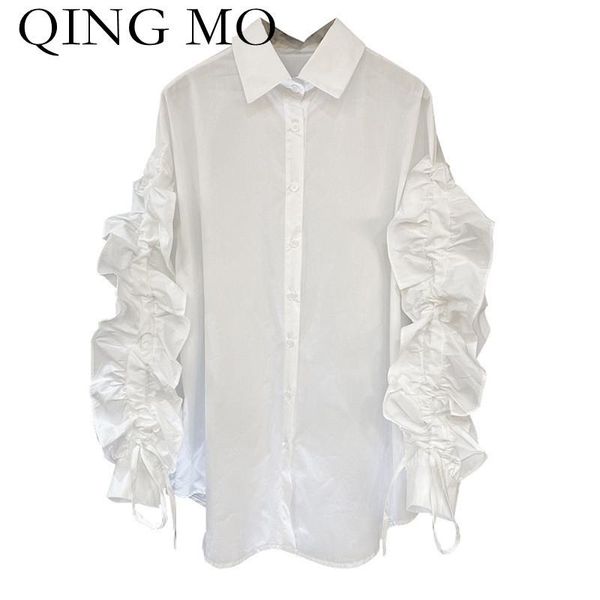 

women's blouses & shirts qing mo 2021 autumn fashion blouse loose casual solid color drawstring long sleeve black white zwl278