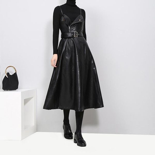 

casual dresses ryfix fashion autumn black strapless pu leather high waist belt zipper loose women tide vestidos y2073, Black;gray