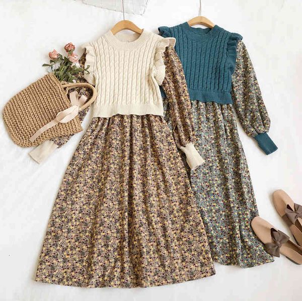

dresses spring autumn women sweet o-neck corduroy knitting floral long sleeve wood ear edge dress, Black;gray