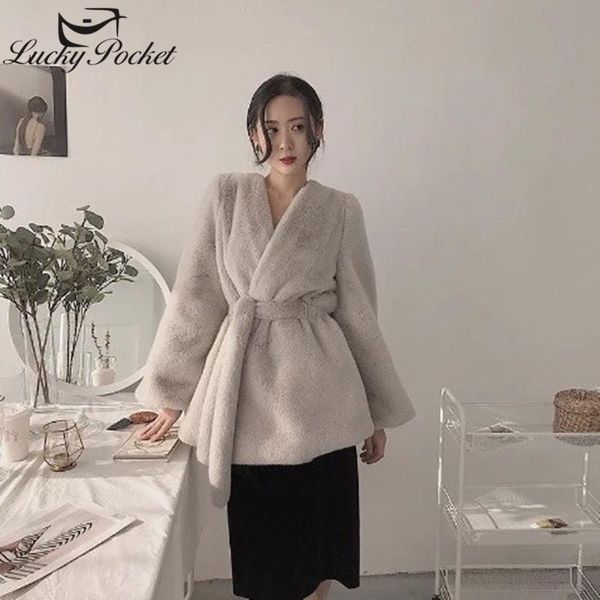 

women's fur & faux women winter fashion solid color casual loose leather female warm v-neck elegant coat ladies brand high street m795, Black