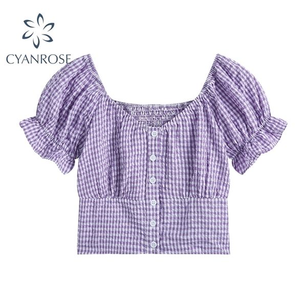 

women's vintage short sleeve summer cardigan blouses purple plaid mori girl korean crop shirts elegant slim sweet y2k blusas 210515, White