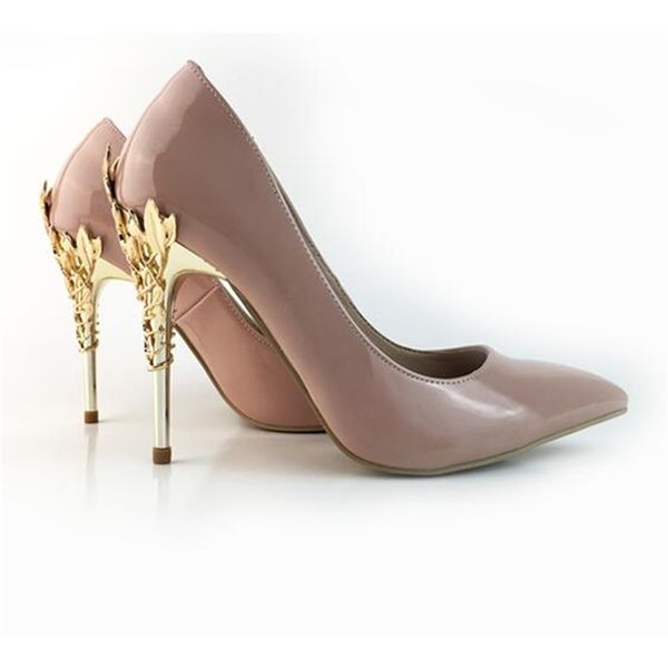 

shoe leather fashions patent shoes high women toe pointing stiletto metallic gold decoration dress heels, Black