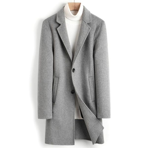 

men's wool & blends mens coat trench autumn and winter handmade double-sided cashmere leisure medium long, Black