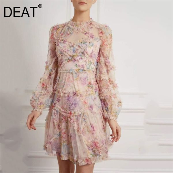 

[deat] o-neck lantern long sleeve knee length fungus edge collage sweet print dress skirt women spring and summer 210430, Black;gray