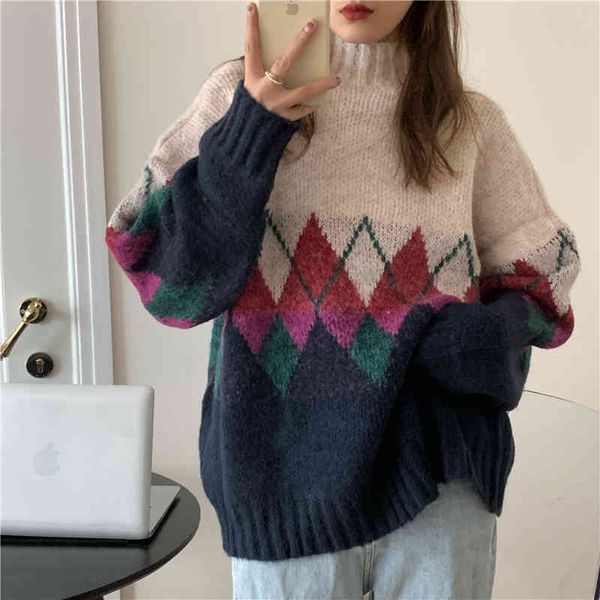 

sweaters fashion color-hit women warm pullovers chic streetwear casual thicken all match loose sweaters, White;black