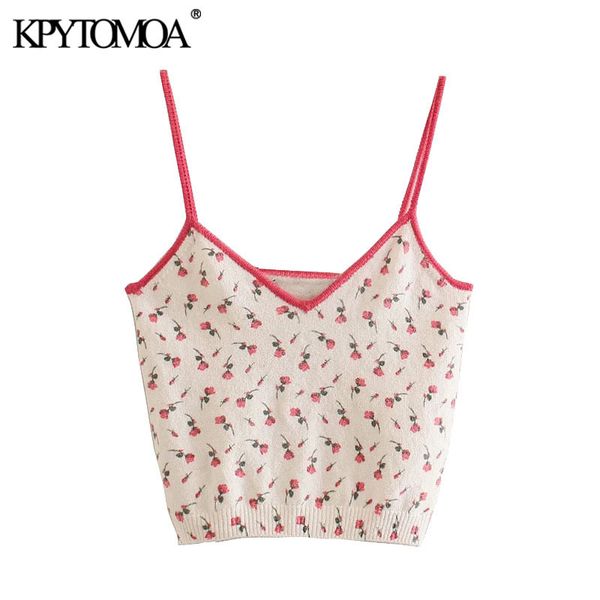 

women sweet fashion floral jacquard knitted tank vintage v neck with straps female camis mujer 210416, White