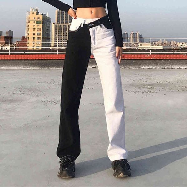 

jean patchwork high waist straight casual jeans women cotton black and white panelled color with pockets 2021 denim pants trousers, Blue