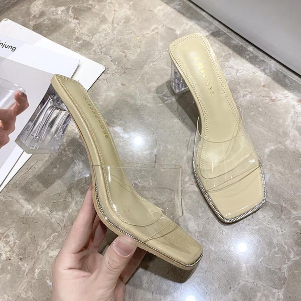 

slippers glitter slides female shoes transparent square heel women heels fashion jelly 2021 summer flat block high luxury basic, Black