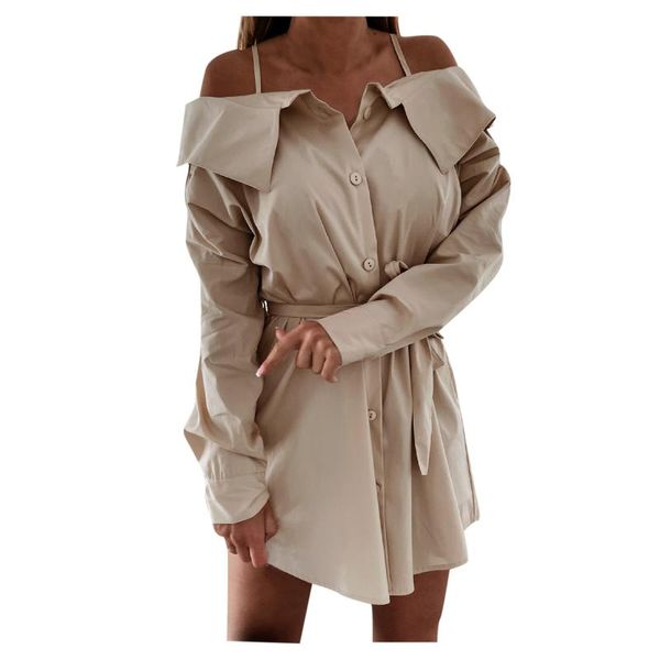 

casual dresses 2021 summer off shoulder mini dress office lady fashion solid button shirt elegant women belted lace-up party, Black;gray