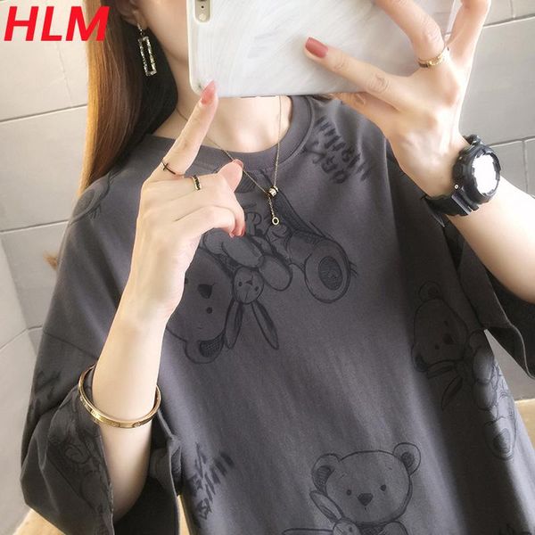 

summer mid-length women's oversized t-shirt harajuku style cartoon bear round neck cotton loose student top, White