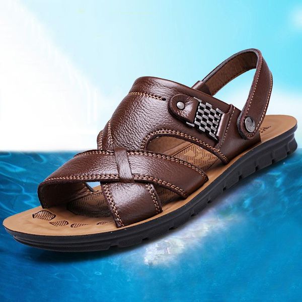 

slippers 2021 summer sandals leather shoes men's beach flat cowhide ebony, Black