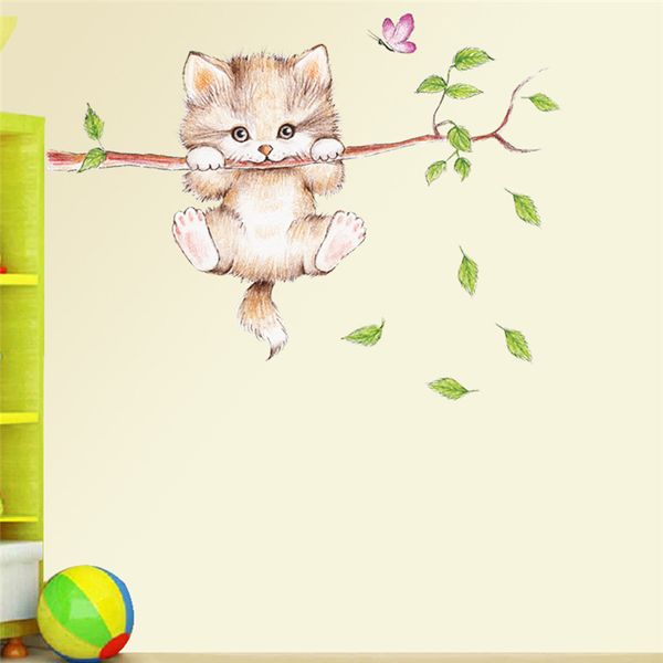 

cute cat butterfly tree branch wall stickers for kids rooms home decoration cartoon animal wall decals diy posters pvc mural art
