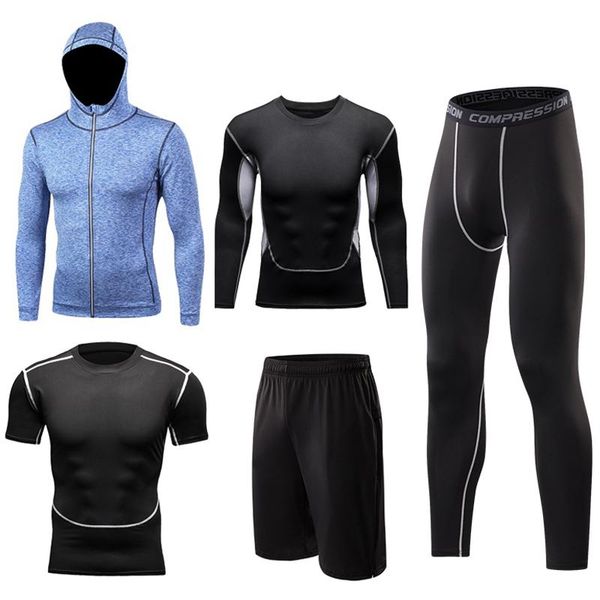 

running sets men sport suits quick dry basketball soccer tights compression gym fitness sportswear jogging training clothes, Black;blue