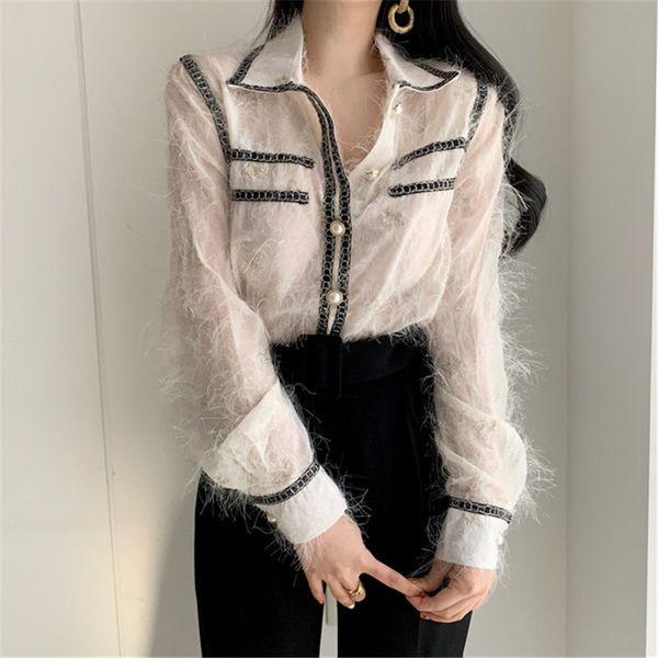 

dress chic light tassel loose chiffon sweet casual female gentle shirts office lady all-match elegance, White