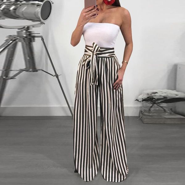 

women's pants & capris fashion summer wide leg lace up bow women high waist striped loose palazzo elegant office ladies trousers 2021, Black;white