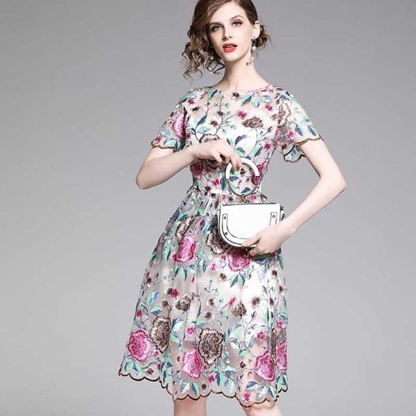 

zawfl summer short sleeve o-neck party dress women runway floral bohemian flower embroidered beach boho mesh dresses vestido 210525, Black;gray