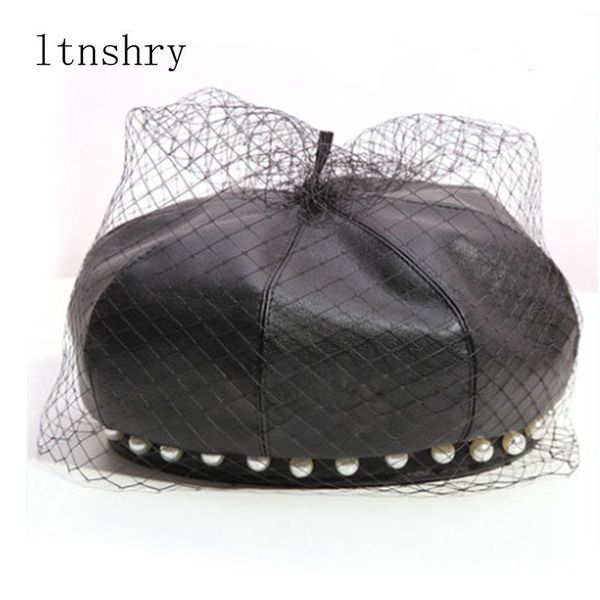 

berets 2021 fashion autumn winter imitation leather beret french elegant ladies pearl solid color pu hat women, Blue;gray