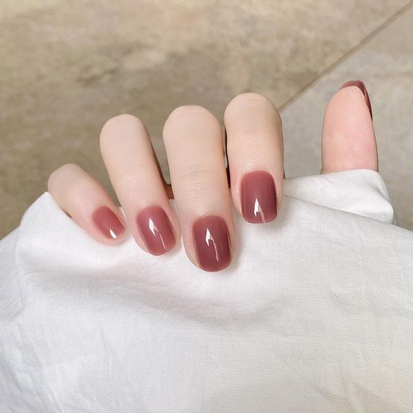 

false nails fake press on short round solid color nail stickers finished acrylic tips 24 pcs fingernails with glue ty, Red;gold
