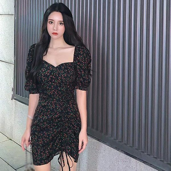 

casual dresses chic women knee-length summer floral print dress vintage korean style puff sleeve, Black;gray