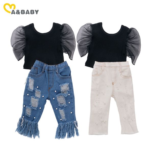 6M-5Y Sommer Kleinkind Kind Kind Mädchen Kleidung Set Mesh T-shirt Tops Perle Denim Hosen Jeans Outfits Kostüme 210515