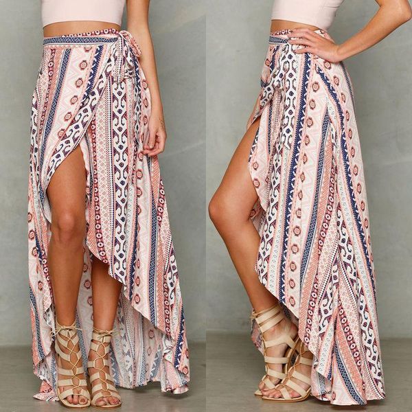 

high waist boho print long womens skirt split maxi floral beach chic vintage ethnic summer, Black