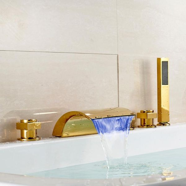 

gold polished led light waterfall spout tub faucet 3 handles mixer tap bathroom shower sets