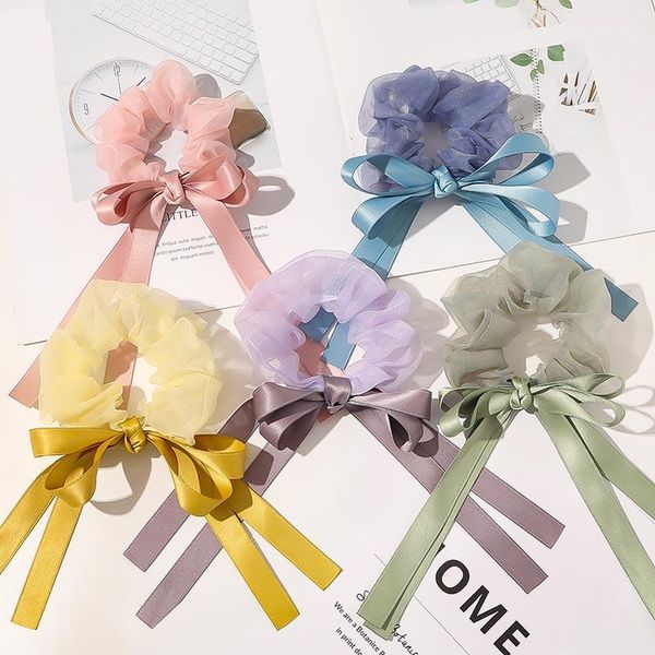 

korean bow ribbon streamers net yarn hair accessories organza elastic ties women satin long bands headwear scrunchie1