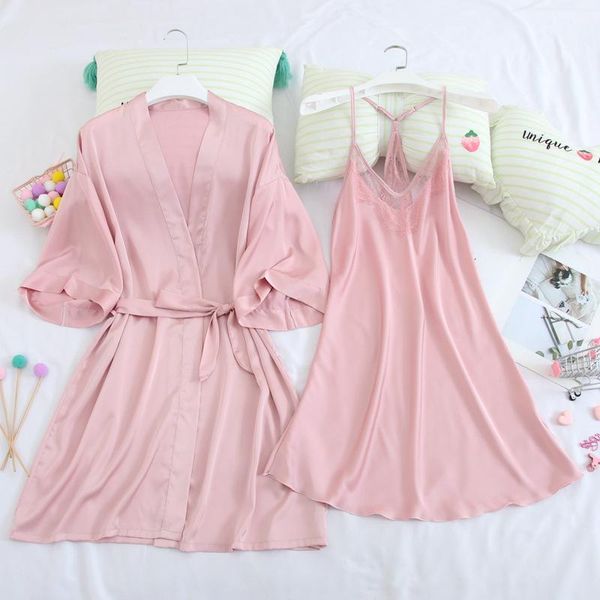 

summer pink nighty&robe set lace trim kimono gown women satin 2pcs sleepwear casual sleep nightgown silky home wear women's, Black;red