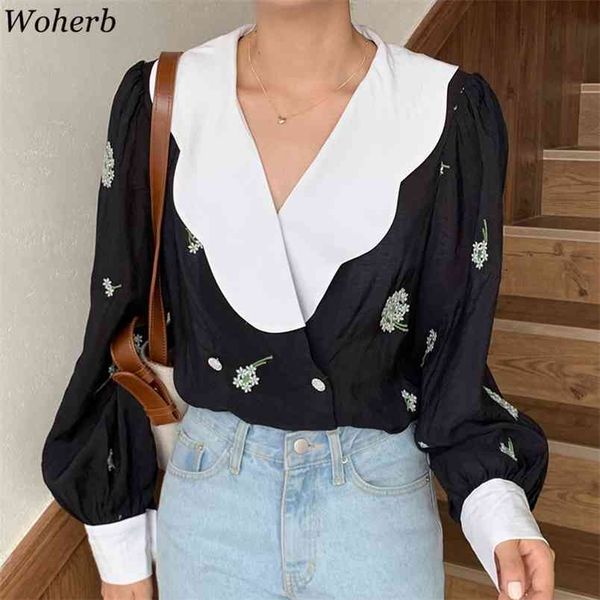 

korean chic retro turn down collar puff long sleeve blouse floral embroidery loose blusas casual sweet shirt 210519, White