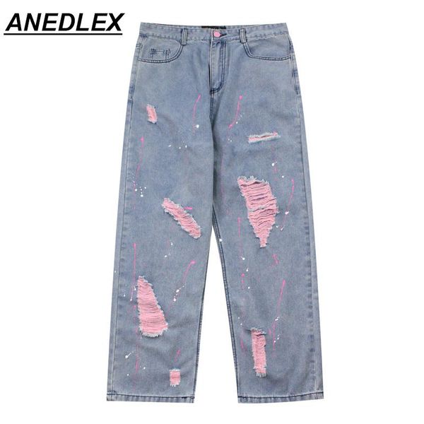 

men's jeans ripped retro hip-hop street straight-leg pants harajuku denim loose trousers 2021 men women clothing skateboard pink, Blue
