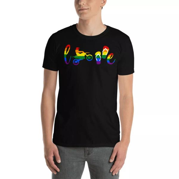 

love lgbt dirt bike pride lgbt flag gay lesbian biker shirt, White;black