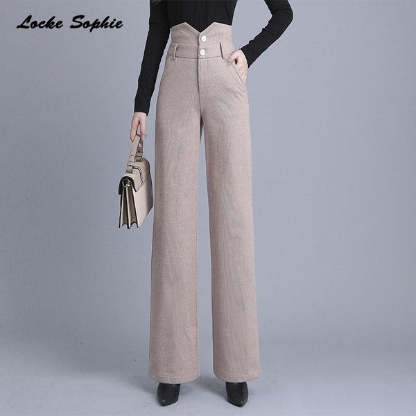 

women's pants & capris 1pcs high waist women plus size wide leg trousers 2021 winter cotton blend splicing ladies skinny, Black;white