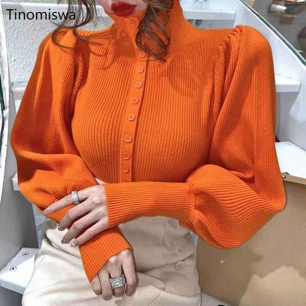

korean style puff sleeve sweater women solid color turtlenck knitted pullover jumpers casual loose arrival pull femme women's sweaters, White;black