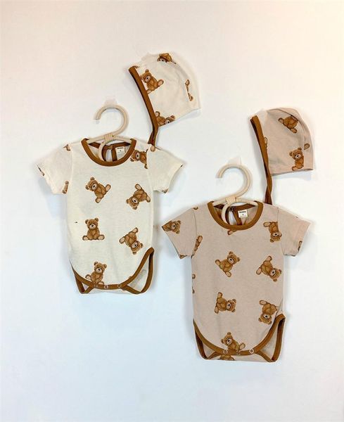 

rompers born baby bodysuits summer short sleeved boys clothes cute bear print girl bodysuit cotton toddler jumpsuit + hat, Blue