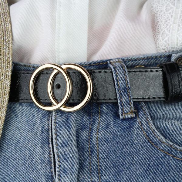 

soft faux leather women belt vintage double ring buckle decorative casual tighten all-match lightweight long solid holes, Black;brown