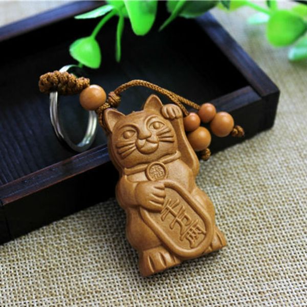 

2019 new lucky fortune cat carving wooden pendant keychain key ring chain wood carving ornaments jewelry accessories gifts, Silver