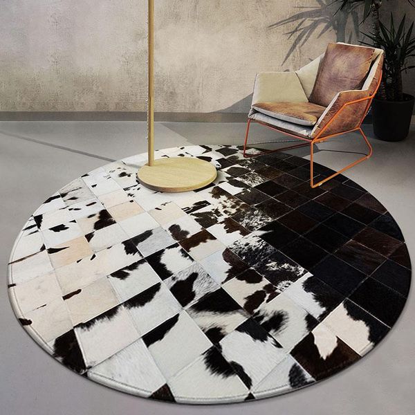 

black and white round natural cowhide seamed patchwork rug genuine cows skin fur carpet for living room bedroom decoration mat carpets