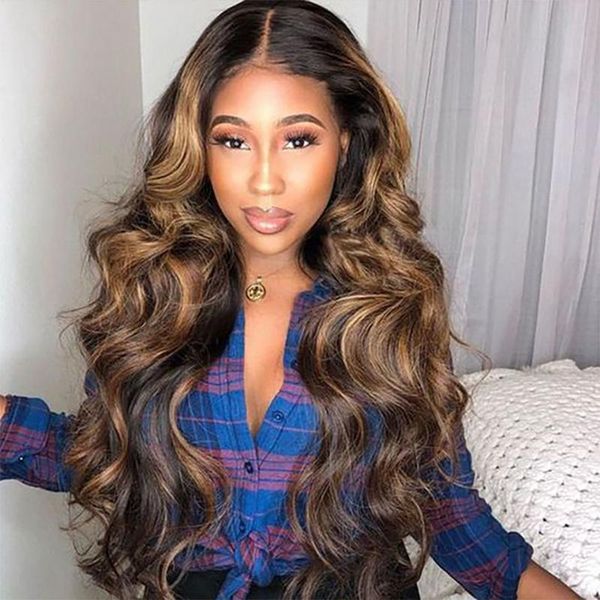 

lace wigs hightlight front wig human hair ombre body wave 150% t part 13x5x1 peruvian remy with pre plucked, Black;brown