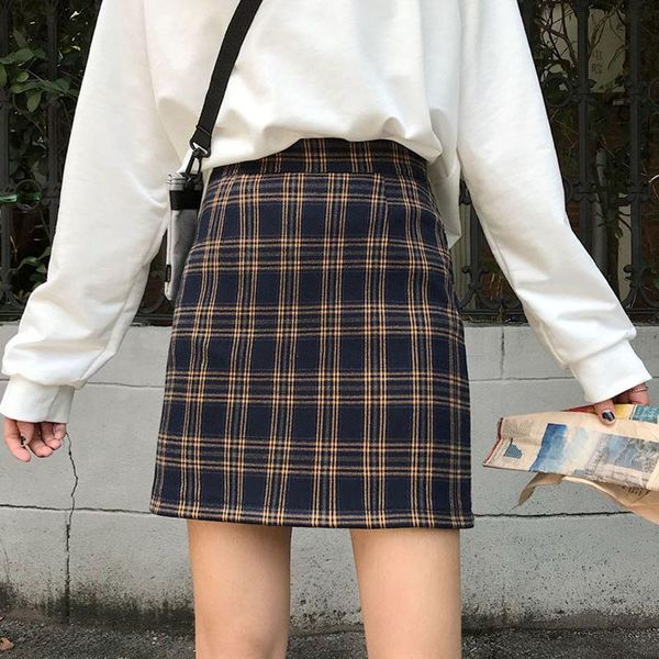 

skirts plaid skirt high waist short women's a- line 2021 autumn and winter retro sheath college style, Black