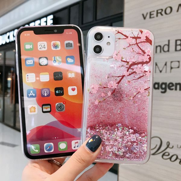 Liquid QuickSand Bling Glitter Telefone para iPhone 12 11 Pro Max Xs x XR 8 7 Plus Samsung S20 S21 Nota 10 Pêssego Flor Flor Water Shine Silicon Cover